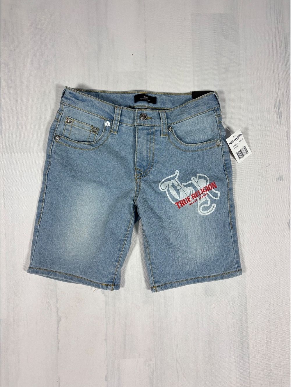 True Religion Ricky Boys Denim Shorts Size 12 Light Wash Logo NWT